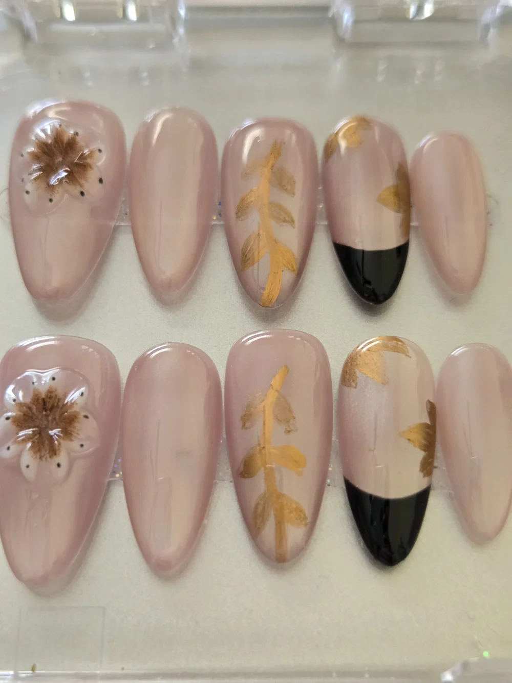 Blush Pink Press-On Nails with Gold Floral Accents